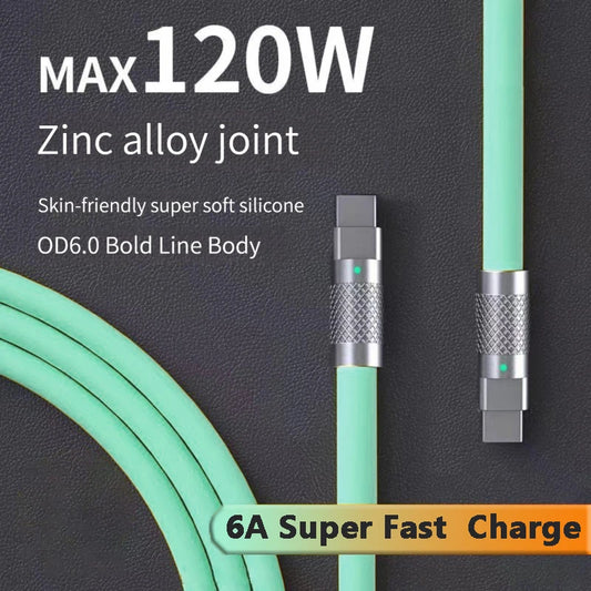 Cabo USB de Silicone Líquido Tipo C Super Rápido, Cabo Carregador, 120W, 6A, Carregamento Rápido, 1m, 2m