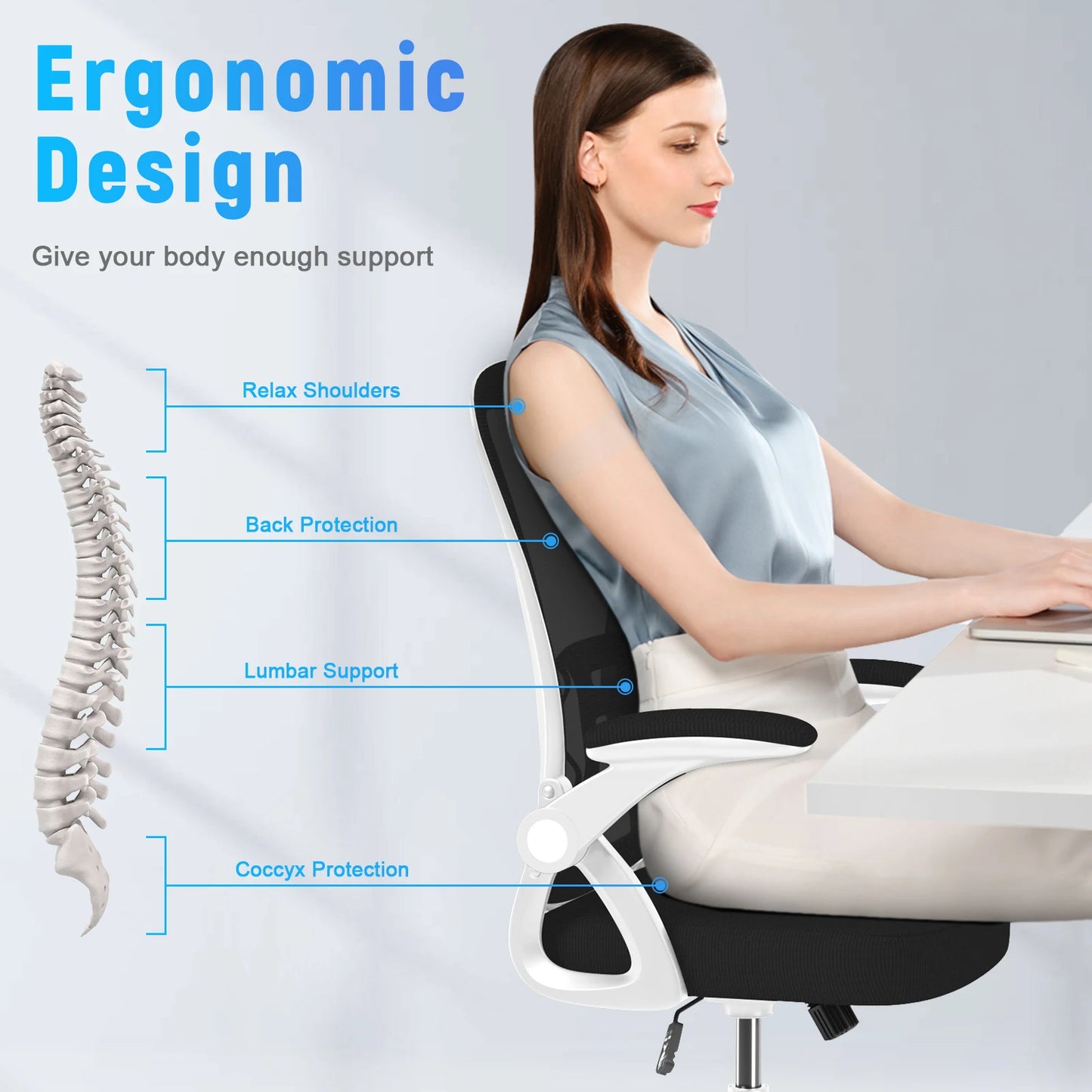 Cadeira de escritório ergonômica Naspaluro 90 °   Apoio lombar com apoio de braço dobrável, cadeira de escritório com almofada de assento acolchoada Cadeiras para jogos em casa