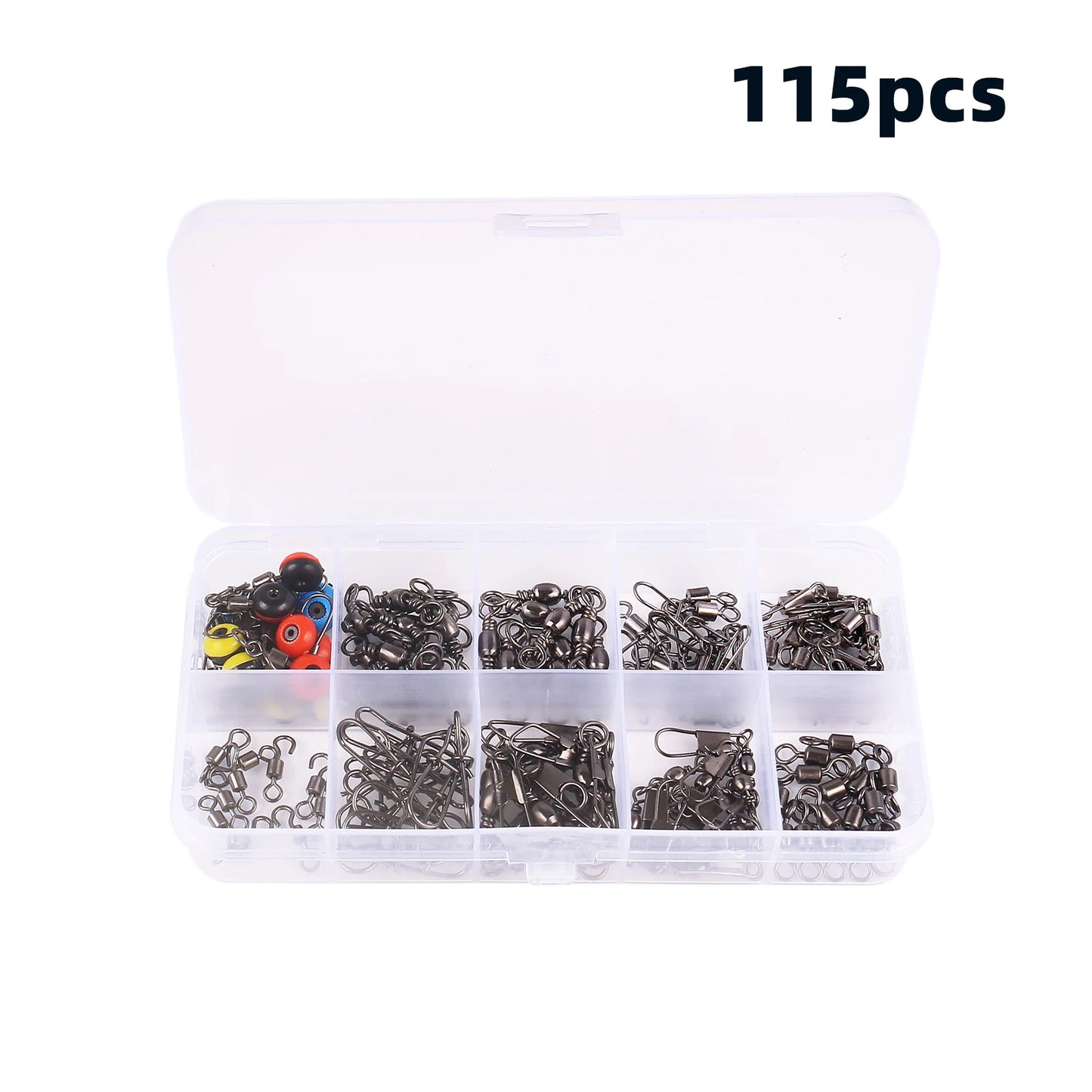 Caixa de 115 conector de pesca, pinos encaixotados, centro, passe, mar, feijão, baixo, truta, acessórios de pesca