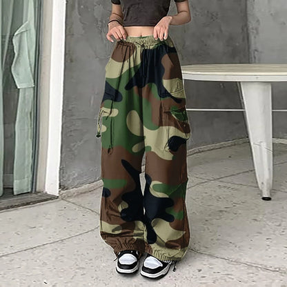 Calças Cargo Camo Print Feminina, Streetwear Hip Hop, Coristas, Moletom, Cordão, Casual, Solto, Calças de Pernas Largas, Mulheres