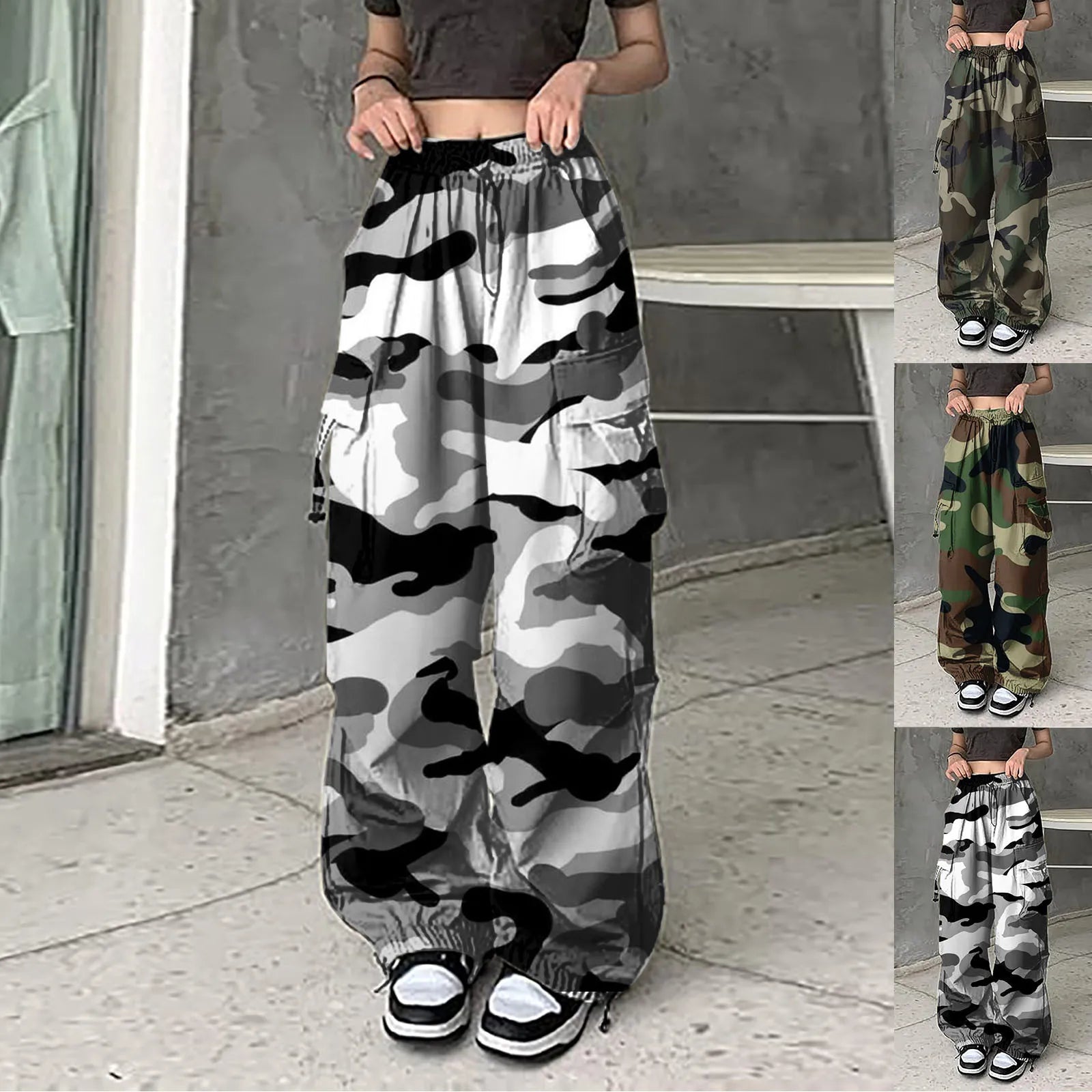 Pantalones cargo con estampado de camuflaje para mujer, estilo hip hop, estilo jogger, sudadera con cordón, informales, holgados y de pierna ancha. 