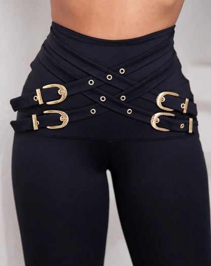 Pantalones largos ajustados de cintura alta para mujer, decoración sencilla con hebillas cruzadas, pantalones versátiles, estilo de diseño original, casual, 2024 