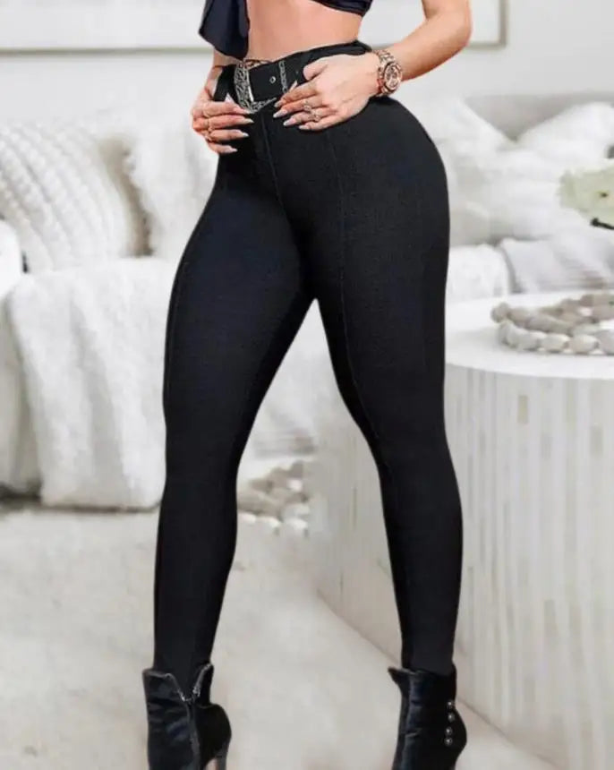 Women's Pants 2023 Spring Trend Fashion High Waist Pocket Design Casual Simple Slim Daily Long Trousers with Belt 