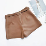 Real Sheepskin Shorts for Women Genuine Leather Shorts Casual Versatile White Belt Button Short Pants New Arrival 2024 