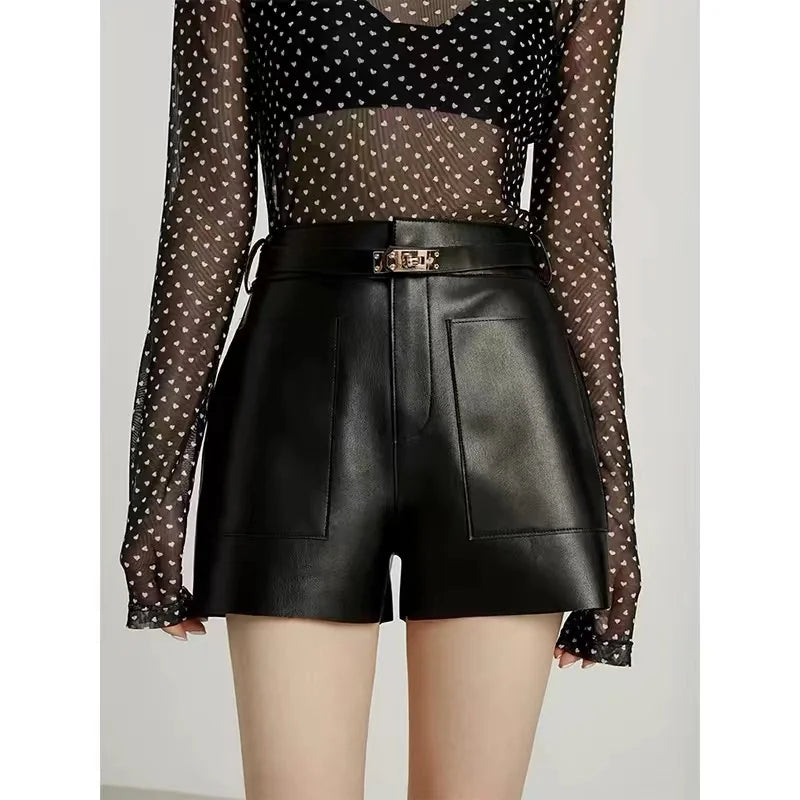Real Sheepskin Shorts for Women Genuine Leather Shorts Casual Versatile White Belt Button Short Pants New Arrival 2024 
