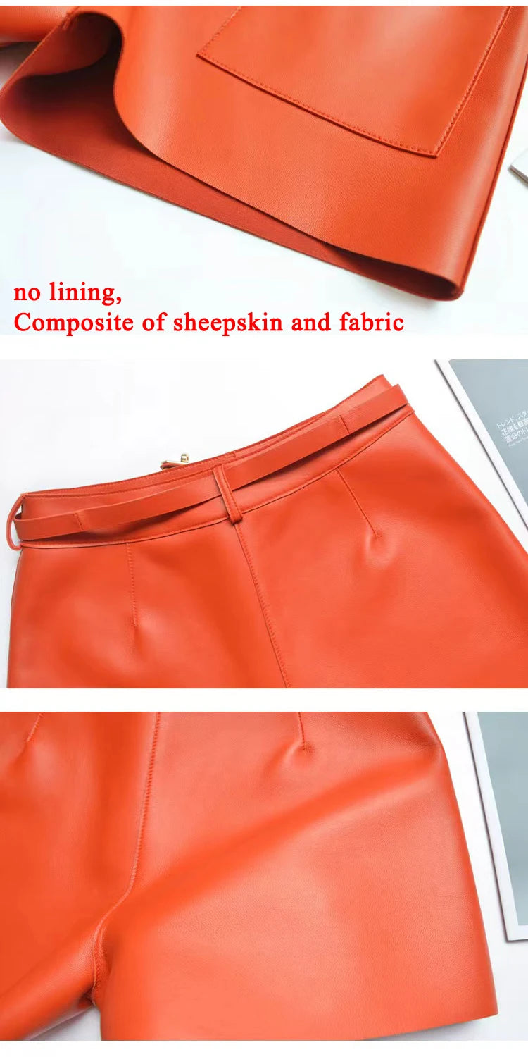 Real Sheepskin Shorts for Women Genuine Leather Shorts Casual Versatile White Belt Button Short Pants New Arrival 2024 