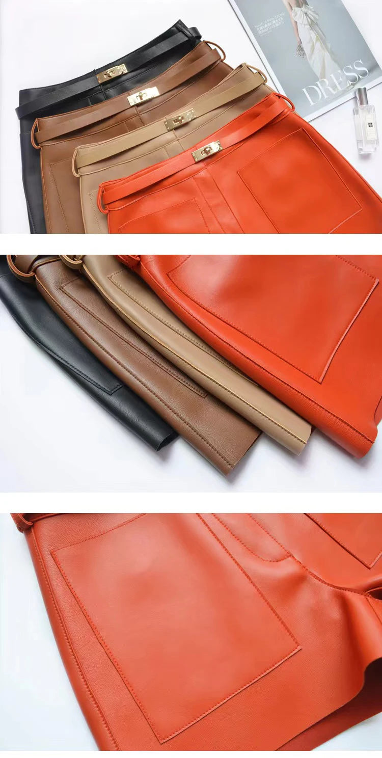 Real Sheepskin Shorts for Women Genuine Leather Shorts Casual Versatile White Belt Button Short Pants New Arrival 2024 