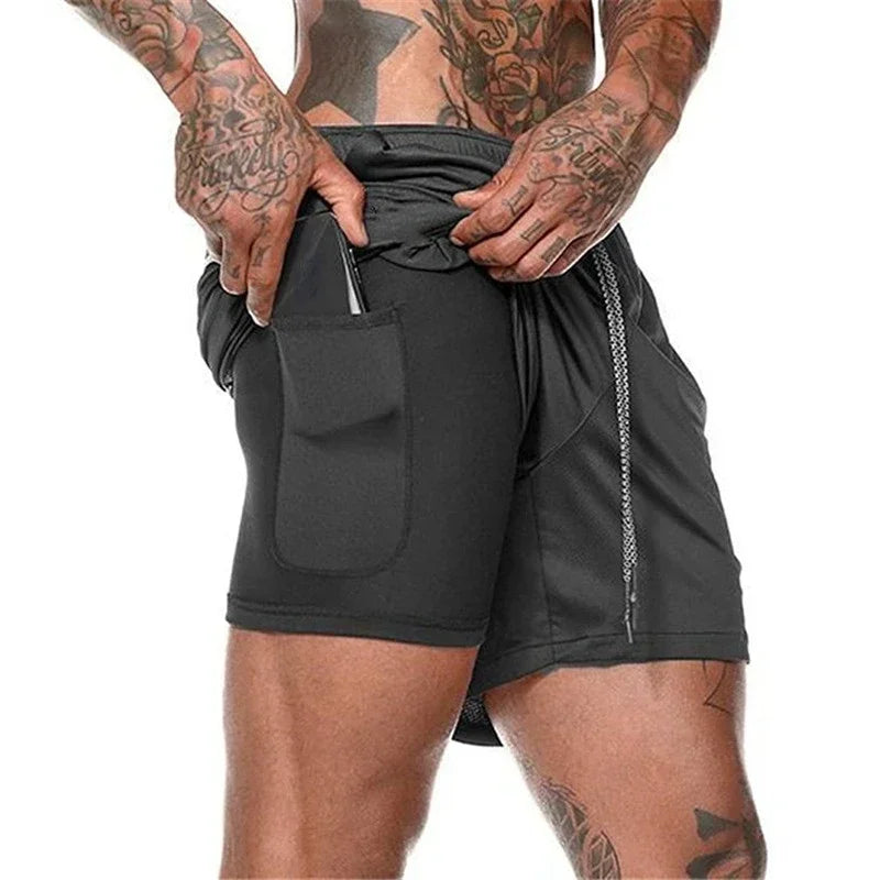 Men's Fitness Built-in Pocket Sports Shorts Summer 2 in 1 Quick Dry Gym Beach Shorts Running Double-decker Shorts Mesh Sweatpants 