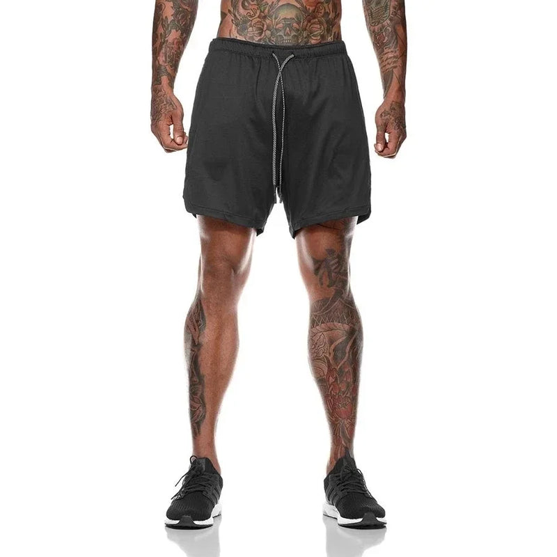 Calções esportivos de bolso embutido de fitness masculino verão 2 em 1 secagem rápida ginásio praia shorts correndo shorts de dois andares malha moletom