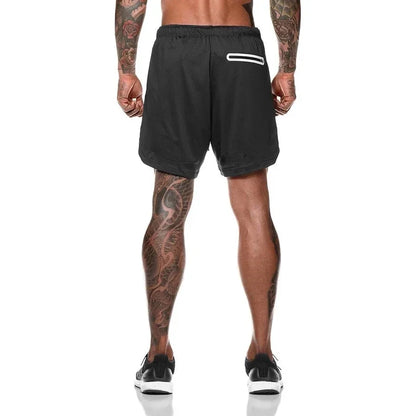 Men's Fitness Built-in Pocket Sports Shorts Summer 2 in 1 Quick Dry Gym Beach Shorts Running Double-decker Shorts Mesh Sweatpants 