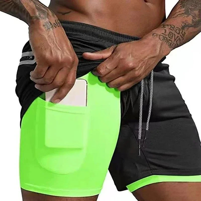 Men's Fitness Built-in Pocket Sports Shorts Summer 2 in 1 Quick Dry Gym Beach Shorts Running Double-decker Shorts Mesh Sweatpants 