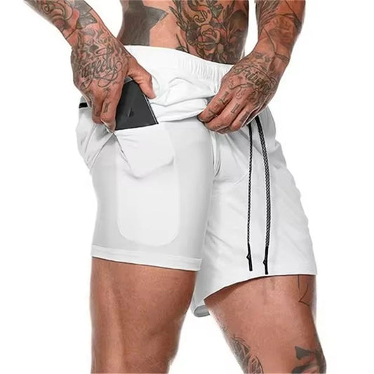 Pantalones cortos deportivos de verano 2 en 1 para hombre, con bolsillo incorporado, de secado rápido, para gimnasio, playa, correr, de dos pisos, de malla 