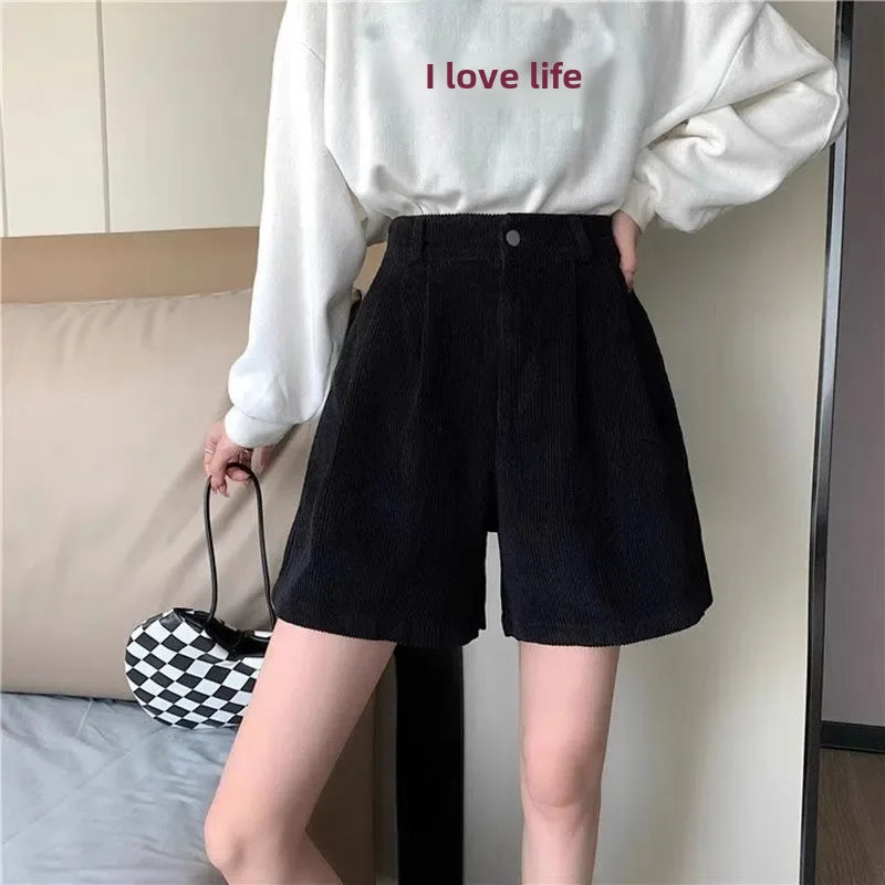 Women's High Waist Corduroy Shorts Casual Wide Leg Shorts Versatile Basic Trousers Autumn Winter 