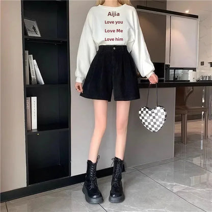 Women's High Waist Corduroy Shorts Casual Wide Leg Shorts Versatile Basic Trousers Autumn Winter 