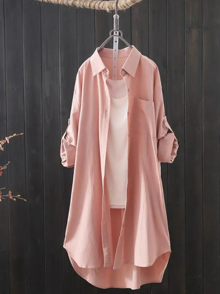 Camisa y blusa midi holgada y transpirable para mujer, primavera y verano 2023, camisas largas sencillas, color blanco liso, moda coreana 