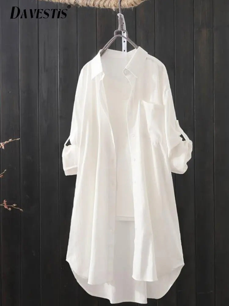 Camisa y blusa midi holgada y transpirable para mujer, primavera y verano 2023, camisas largas sencillas, color blanco liso, moda coreana 