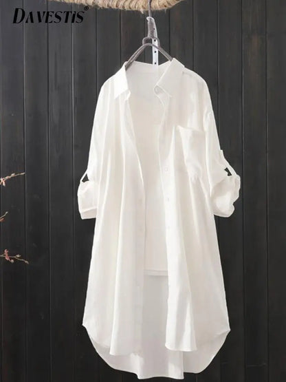 Camisa e blusa midi solta e respirável para mulheres, camisas longas simples, cor sólida, branca, moda coreana, primavera, verão, 2023