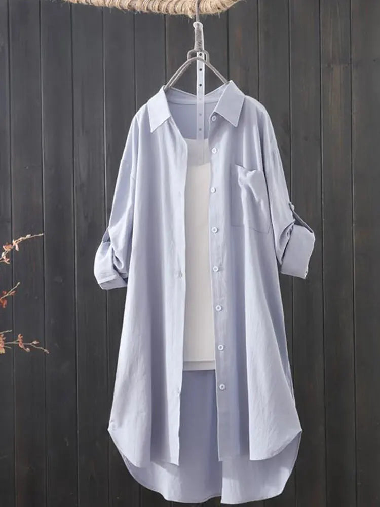 Camisa y blusa midi holgada y transpirable para mujer, primavera y verano 2023, camisas largas sencillas, color blanco liso, moda coreana 