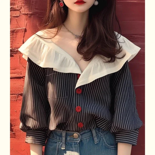 Camisas femininas vintage primavera/verão novo chiffon listrado blusas femininas soltas manga longa topo babados roupas coreanas vendas