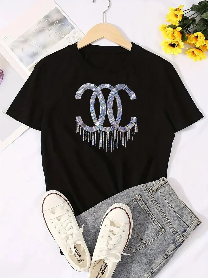Camiseta de manga curta de lantejoulas feminina, gola O, camiseta solta elástica, plus size, tops grandes, Lady, primavera, verão, moda, 2024