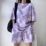 Camiseta e shorts de tintura de gravata de 2 peças para mulheres, manga curta solta, perna larga, roupa esportiva para estudantes, terno da moda coreana