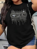 Camiseta de lentejuelas de manga corta para mujer, cuello redondo, holgada, de verano, color negro, talla grande, L-5XL, 2024 