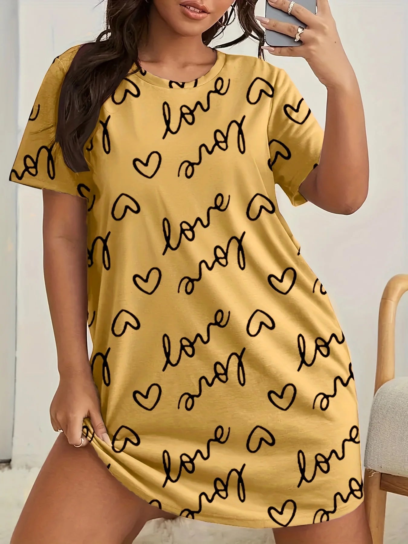 Camisón de manga corta con estampado de talla grande para mujer, microelástico, informal, con cuello redondo, para estar en casa, talla grande 
