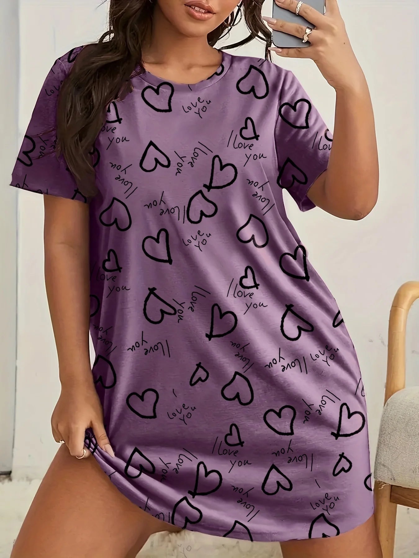 Camisón de manga corta con estampado de talla grande para mujer, microelástico, informal, con cuello redondo, para estar en casa, talla grande 