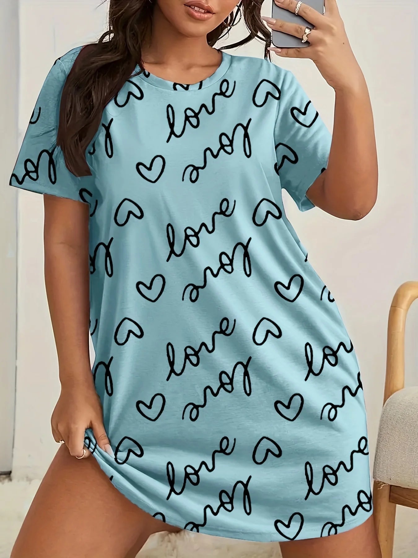 Camisón de manga corta con estampado de talla grande para mujer, microelástico, informal, con cuello redondo, para estar en casa, talla grande 