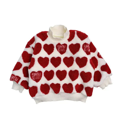 2022 Winter Thick Warm Fleece Sweaters for Girls Cute Heart Pullover Top Coat for Baby Kids Children 