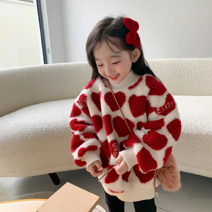 2022 Winter Thick Warm Fleece Sweaters for Girls Cute Heart Pullover Top Coat for Baby Kids Children 