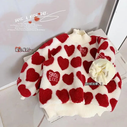 2022 Winter Thick Warm Fleece Sweaters for Girls Cute Heart Pullover Top Coat for Baby Kids Children 