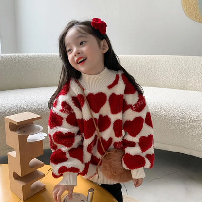 2022 Winter Thick Warm Fleece Sweaters for Girls Cute Heart Pullover Top Coat for Baby Kids Children 