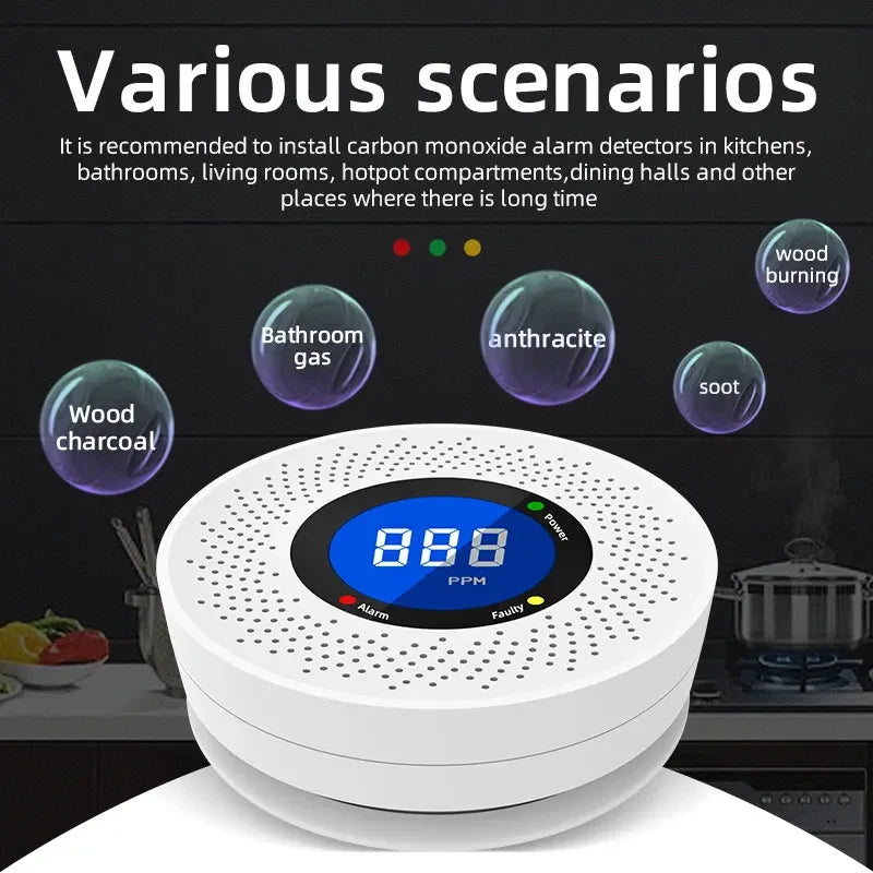 Detector de monóxido de carbono independiente, alarma con pantalla, funciona con pilas, certificación CE, para uso en el hogar, la cocina y la oficina. Nuevo. 