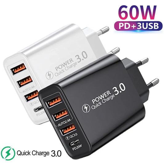 Carregador Rápido USB Tipo C, Carregador de Celular, PD Carga Rápida 3.0, Adaptador de Energia para iPhone, Xiaomi, Samsung, Huawei, 60W