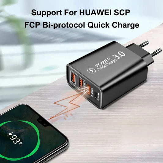 Carregador Rápido USB Tipo C, Carregador de Celular, PD Carga Rápida 3.0, Adaptador de Energia para iPhone, Xiaomi, Samsung, Huawei, 60W