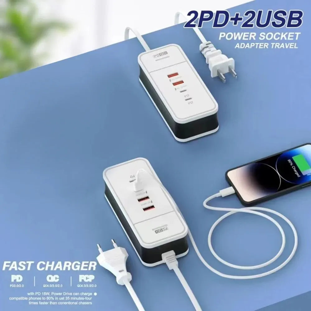 Carregador de Parede de Carregamento USB para Xiaomi, Samsung, iPad, Celular, Adaptador de Viagem, PD, 4 Portas, QC 3.0, 12W