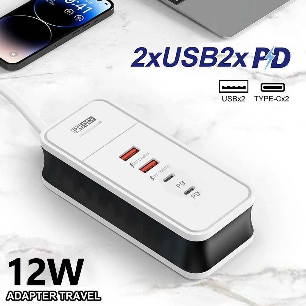 Carregador de Parede de Carregamento USB para Xiaomi, Samsung, iPad, Celular, Adaptador de Viagem, PD, 4 Portas, QC 3.0, 12W