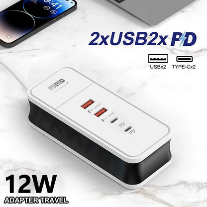 Carregador de Parede de Carregamento USB para Xiaomi, Samsung, iPad, Celular, Adaptador de Viagem, PD, 4 Portas, QC 3.0, 12W