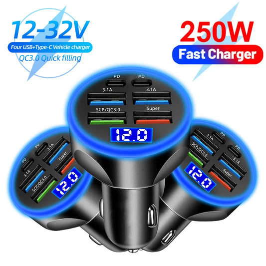 Carregador do telefone do carro do tipo C do USB, adaptador de carregamento rápido, iPhone, Samsung, Huawei, Xiaomi, PD, QC3.0, 250W, 6 Ports