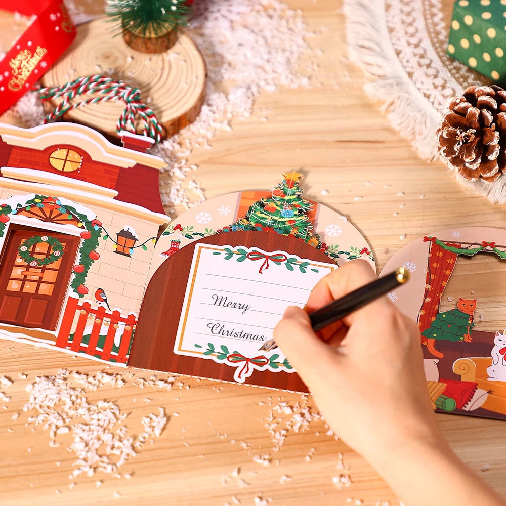 Cartões De Árvore De Natal, Cartão 3D Com Envelope, Fontes De Férias, 3 Cartões Pop Up Dimensionais, Festa De Natal Do Gato