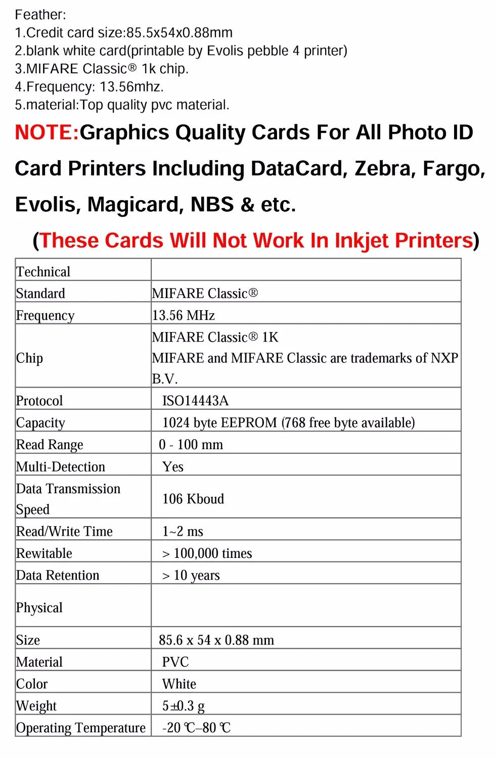 Cartão MIFARE Classic 1K, ISO14443A, RFID de 13,56 MHz, Trabalhe com RC522 Arduino, 10pcs