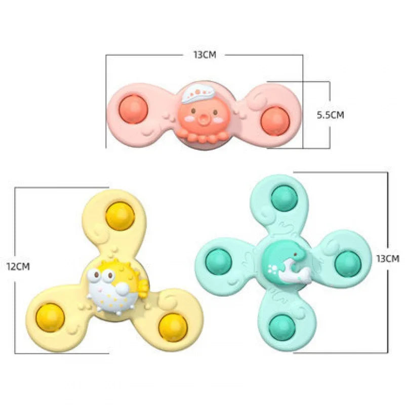 Cartoon Rattles Fidget Educational Toys for Kids, Baby Bath Toys, Funny Bathing Sucker Spinner, Suction Cup, Gift for Boys, 3pcs per Set 