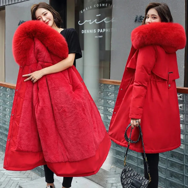 2023 New Winter Women's Long Padded Wool Coat Fur Collar Snow Warm Clothes Thicken Warm Coat Female Outwear 6XL 