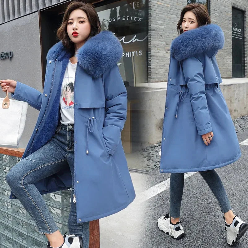 2023 New Winter Women's Long Padded Wool Coat Fur Collar Snow Warm Clothes Thicken Warm Coat Female Outwear 6XL 