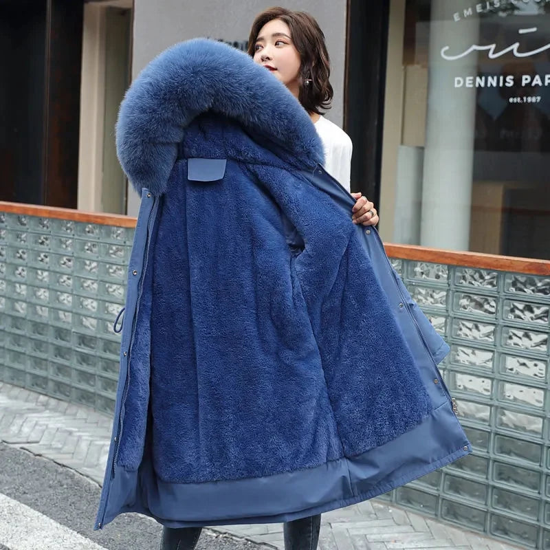 2023 New Winter Women's Long Padded Wool Coat Fur Collar Snow Warm Clothes Thicken Warm Coat Female Outwear 6XL 