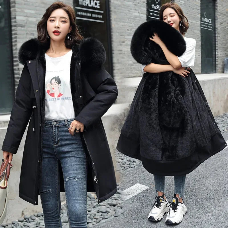 2023 New Winter Women's Long Padded Wool Coat Fur Collar Snow Warm Clothes Thicken Warm Coat Female Outwear 6XL 