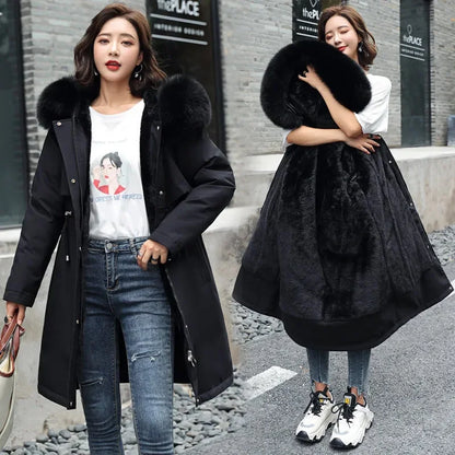 Abrigo largo de lana acolchado para mujer, abrigo de invierno con cuello de piel, ropa de abrigo para la nieve, abrigo grueso y cálido, prendas de vestir para mujer, talla 6XL, novedad de 2023 