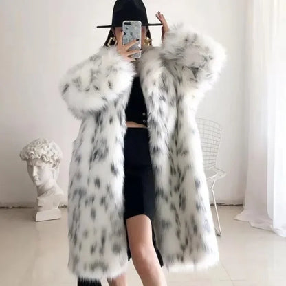 Casaco de pele jaquetas moda ponto impresso falso outwear pele trench feminino manga longa casual imitação inverno manter casacos longos quentes