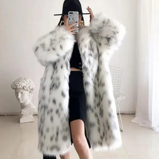 Casaco de pele jaquetas moda ponto impresso falso outwear pele trench feminino manga longa casual imitação inverno manter casacos longos quentes